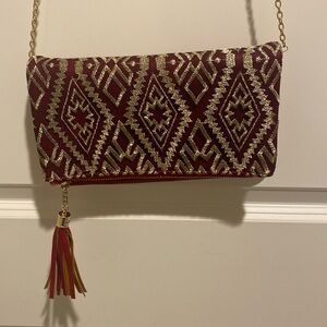 Red and Gold Evening Bag with Removable Gold Chain